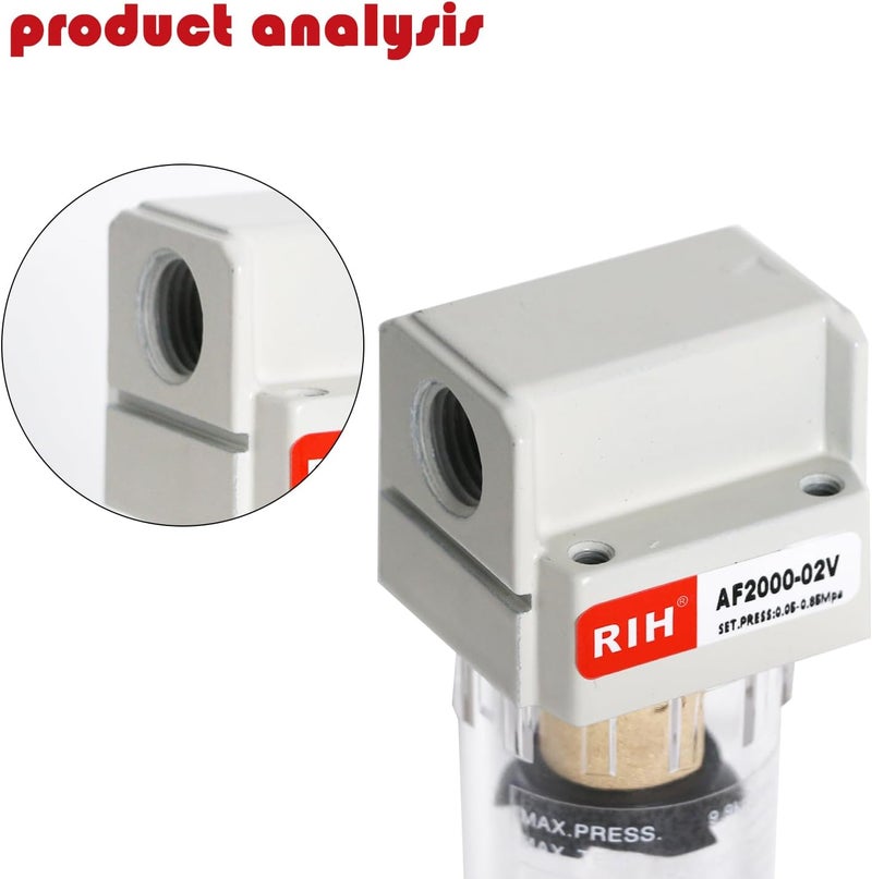 RH 1/4" NPT Air Dryer for Compressor, Air compressor water separator,air compressor filter,AF2000-02 Manual Drain,5 Micron Brass Element, Poly Bowl 0-150 psi 5μm - Image 4